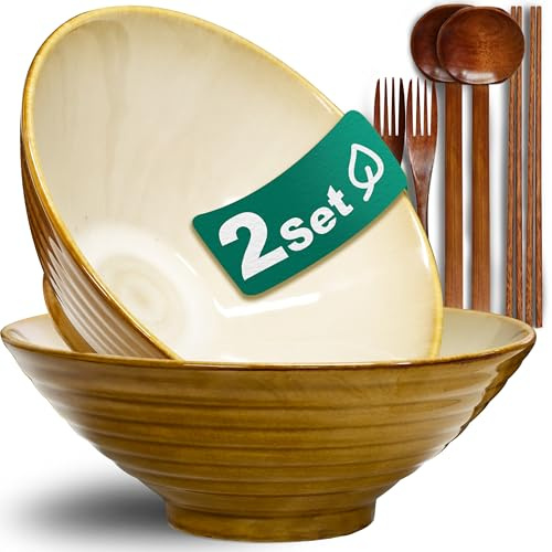 8 Pulgadas Juego De 2 Cuencos De Ramen De Cerámica (8 Piezas), Con Tenedor Palillos Chinos y Cuchara Cuenco Japonés para Sopa de Fideos Ensalada Ideal para Regalo Apto Lavavajillas y Microondas