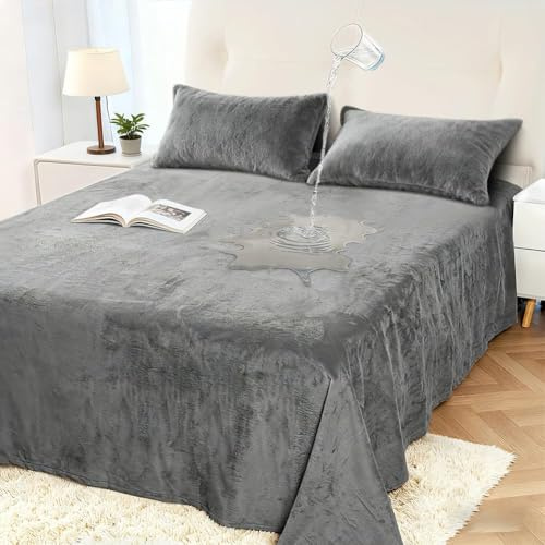 DUJUIKE Funda Impermeable para Cama, Funda de Terciopelo Impermeable, Protector de colchón Infantil 100% Impermeable y Transpirable, Funda de colchón silenciosa, súper Suave (Gris, 230 x 250cm)