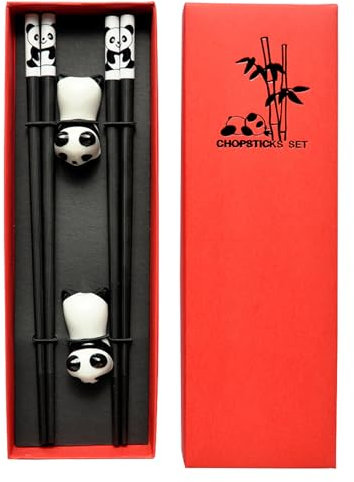 Chinese Chop Sticks Panda - Chopstick Set with Holders | 2 Pairs Chopsticks Set | Dishwasher Safe Reusable Fiber Glass with Cute Panda Holder | Non-Slip Chopsticks Gift for Asian Dishes Sushi Noodles