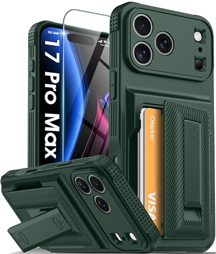 Oterkin for iPhone 17 Pro Max Case Wallet, Built-in Card Holder (4-5 Cards) & Stand [RFID Blocking][9H Screen Protector][Full Camera Protection] Rugged Silicone Phone Case for iPhone 17 Pro Max, Green