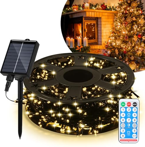 Hebitod Solar Fairy Lights Outdoor 100 m 1000 LED, USB & Solar Charging Function, 8 Modes & Timer, IP44 Waterproof, Solar Fairy Lights Outdoor for Garden, Patio, Balcony, Wedding Party, Warm White