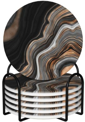 Elegant Black Marble With Gold And Copper Veins,Round Ceramic Coasters, Mugs Pad, Cups Mat Set of 6 Drinks Coasters With Holder