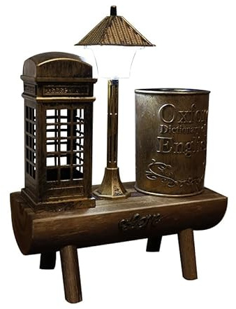 Vintage-Stifthalter mit Retro-Telefonzelle und Mini-Nachtlampe, klassischer Holzsockel, Stifthalter, Stiftehalter, Schreibtisch-Organizer für Büro, Schreibtisch-Dekoration und Studentenzimmer-Zubehör