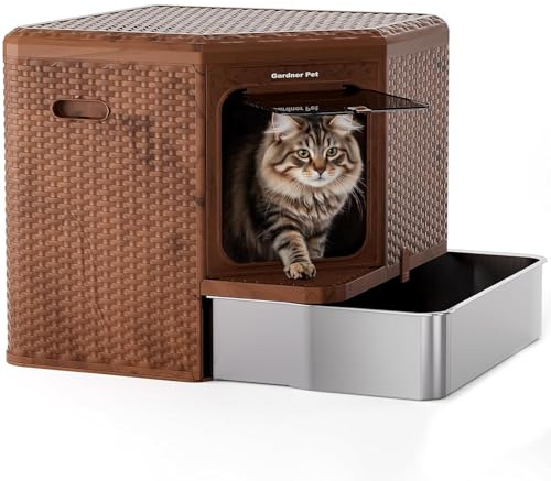 Gardner Pet Katzentoilette, 50x50x50 cm, Edelstahl Tablett, Rattan-Optik | Ausziehbares Edelstahl-Tablett, Für große Katzen, Aktivkohlefilterfunktion