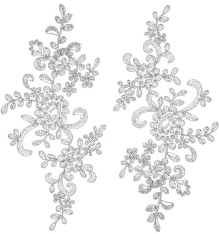 QUARKZMAN 2 Pezzi Inserti Pizzo Fiore 3D Ricamo A Punto Croce Aggiunta Cucito Decorazioni Per Abito Da Sposa Vestiti DIY Accessori Artigianali Decorazione Pizzo, Argento (23cm)