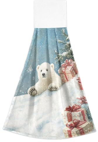 OSYWENRY Polar Bear Cub Slide Hanging Kitchen Towels Set of 2, Soft Coral Fleece Hand Towels with Hook Loop, Super Absorbent Quick Dry for Bathroom Laundry Room