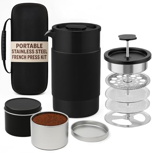 Travel French Press Coffee Maker Set - 12 oz | Portable Travel French Press Coffee Maker | Double Wall Insulated with Dual Stainless Filters & 2 Steel Canisters for Grounds, Tea, Creamer & Sugar