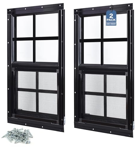 Melkus 2 Pack Shed Windows 24''x24'' Flush Mount Chicken Coop Windows with Tempered Glass and Screen, Sliding Windows for Chicken Coop, Shed, Garage, Playhouse, Barn,Greenhouse, Black