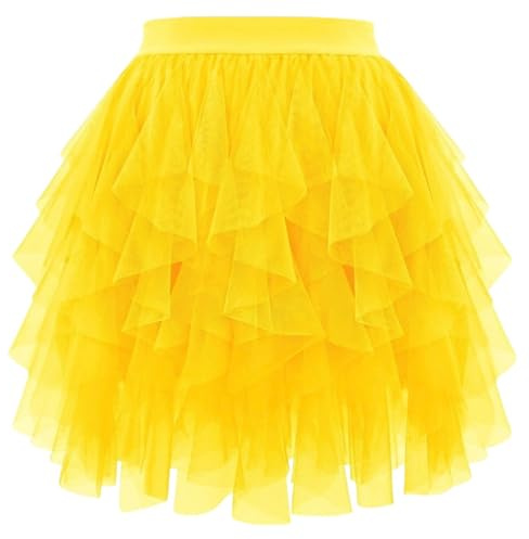 Falda de tul para mujer, de gasa, holgada, con volantes, con volantes, con volantes, con dobladillo corto, con volantes, para el día a día y el tiempo libre, amarillo, M