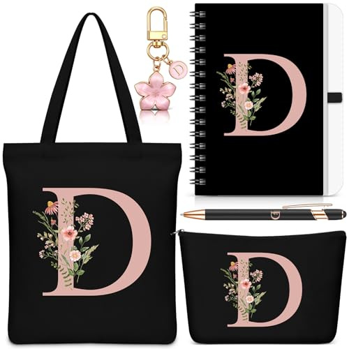 Hestya 5 Pièces Cadeau Lettre Trousse de Maquillage, Trousse de Transport, Porte-Clés, Carnet, Stylo à Bille Cadeau Motif Alphabet pour l'École, Un Anniversaire ou Noël(Noir,Lettre D)