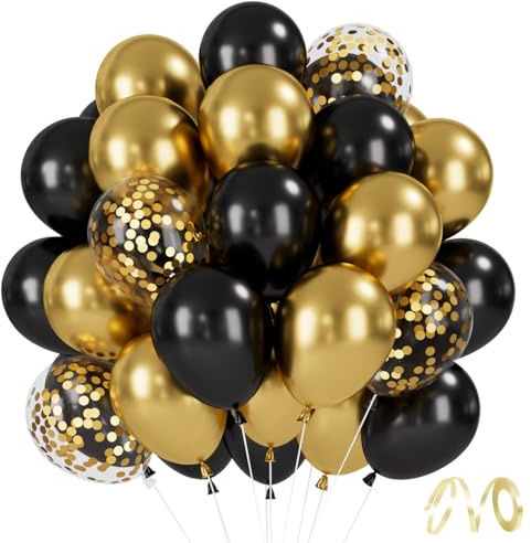 Globos negros y dorados, 30 globos negros de oro metálico, globos de helio de 30 cm, confeti dorado, globos de helio para graduación, cumpleaños, boda, jubilación, Ramadán, Año Nuevo, fiesta de Año
