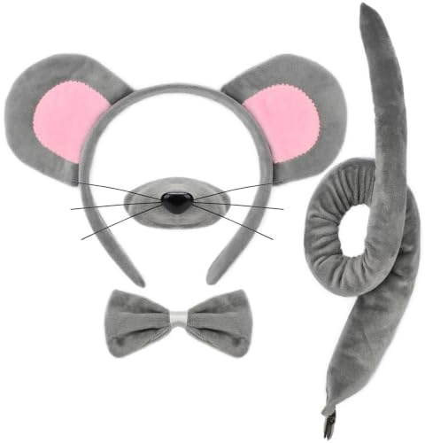 4 Pcs Halloween Mouse Costume Set Mouse Ears Headband Nose Bow Tie and Tail