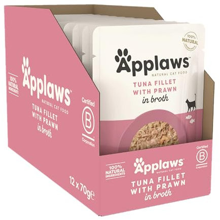 Applaws Premium Natural Katzenfutter Nass, Thunfischfilet mit pazifischer Garnele in Brühe 70g Portionsbeutel (12x70g )