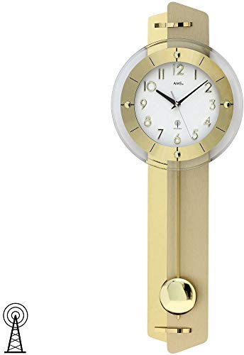 AMS Pendelwanduhr Wanduhr mit Pendel Funk Messing-Applikation auf Holzrückwand