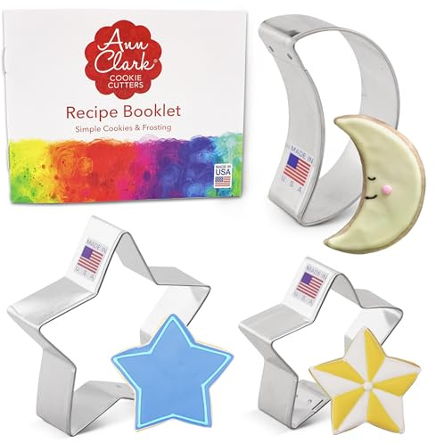 Ann Clark Celestial Cookie Cutters 3-Pc Set (Crescent Moon, Stars) Made in USA | Includes: Crescent Moon, Star and a Small Star from America's Largest Cookie Cutter Maker, Food-Safe American Steel