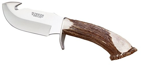Joker Enthäutungsmesser DESMOGUE D CN28, Hirschhorngriff, 11 cm MOVA-Klinge, Edelstahlkreuz, Lederscheide, mit Rückenreißer, Werkzeug zum Angeln, Jagen, Camping und Wandern