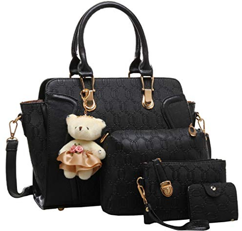 FiveloveTwoDamen 4Tlg. Handtaschen Set Umhängetasche Schultertasche Tasche PU Shopper Clutch Kartenhalter Geldbörse Tragetasche mit Bär Ornamente