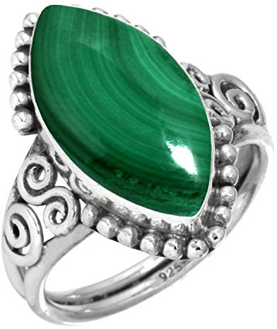 Jeweloporium Bague en argent sterling 925 avec malachite verte, taille 60, pour femme, véritable pierre marquise, bijou artisanal