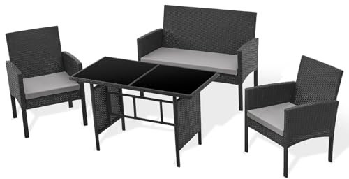 SVITA Brooklyn XL Polyrattan Essgruppe Lounge Garnitur Gartenmöbel Set Esstisch Schwarz