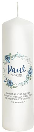 Liamoria® Taufkerze Kranz mit blauen Rosen für Jungen und Mädchen personalisiert 25 cm Modell Paul - Wunderschönes Geschenk zur Taufe