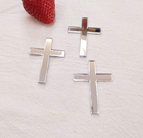 Décoration de gâteau en forme de croix en acrylique, décoration de gâteau, baptême, croix en acrylique, breloque religieuse pour célébration (miroir argenté, 5,1 cm)