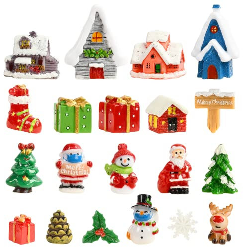 KATELUO 20 Pièces Noël Miniature Ornament Kits, Ornements Miniatures de Noël, en Résine Figurines, Bonhomme Neige,Père Noël,Sapins Figurine Père pour Garden/Party/ Decor