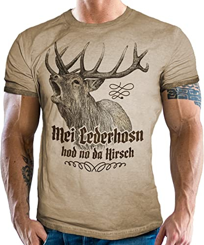 Trachten T-Shirt im Vintage Retro Used Look - Für echte Bayern Fans: MEI Lederhosn hod no da Hirsch