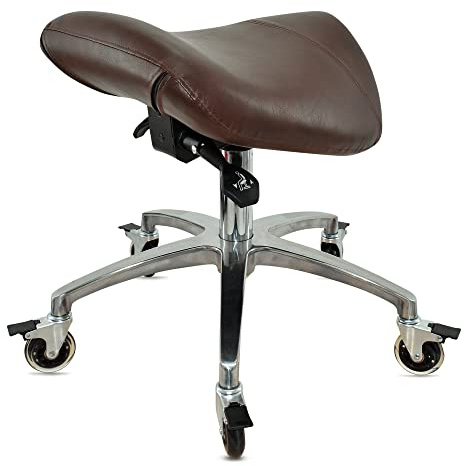 VAKON SALON - Sattelhocker mit Neigung Braun, Sattelstuhl, Rollhocker höhenverstellbar von 50-65 cm, Drehhocker, Praxishocker, Bürohocker, Arbeitshocker