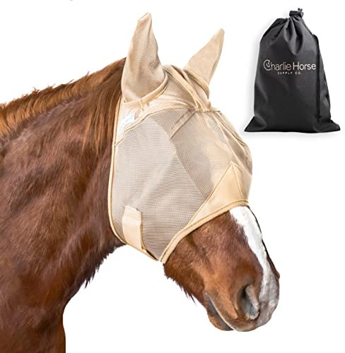 Charlie Horse Fly Mask med öron, hållbar och bekväm | Hästflugmasker för hästar med öron | Stretch hästflugmask för hästar | hästflugmask rolig flugmask hästögonskydd med förvaringsväska