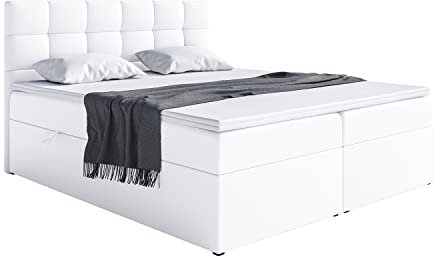 MEBLINI Boxspringbett mit Bettkasten - Gepolstert Doppelbett mit Matratze und Topper - Polsterbett mit Stauraum - Bett mit Kopfteil - Stauraumbett - TAPO 2-180x200 - H4/Weiß Kunstleder