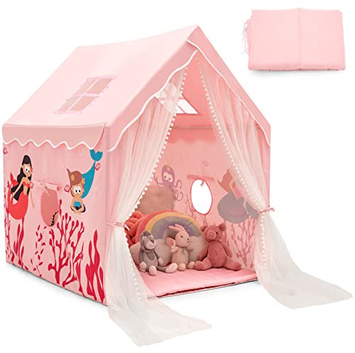 COSTWAY Kinderzelt, Spielhaus Kinder Indoor mit Matte & Vorhang, Spielzelt Kinderspielhaus für Jungen und Mädchen (Rosa)