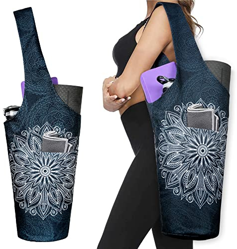 Yoga Mat Bag - Long Tote with Pockets - Holds More Yoga Accessories - Yoga Bag Fit Most Size Mats - Mandala Black Yoga Mat Carrier 37x15.5