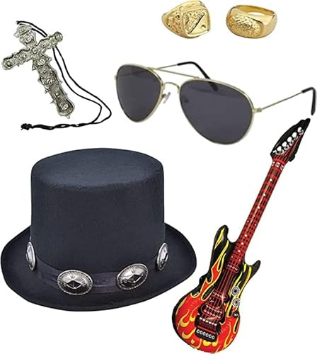 Royal Fashion Men's Rockstar Fancy Dress Costume Set – Black Hat, Sunglasses, Inflatable Guitars, Gold Rings & Cross Necklace – 70s 80s Rock Band Theme Party Halloween Accessory Kit