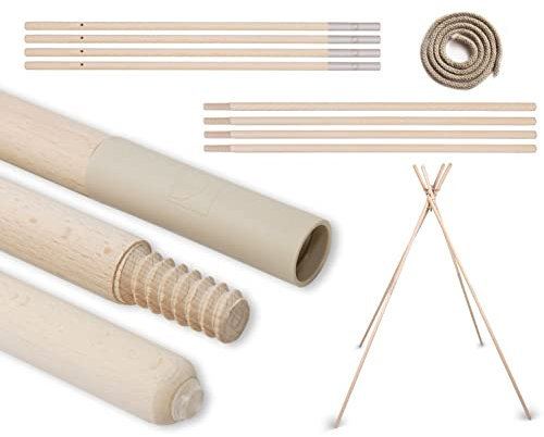 PaLulli Set mit 4 Tipi Zeltstangen aus Holz - Tipi Stangen Zeltstangen aus Natürlicher Buche - Maximale Stangenlänge 180 cm - 4 x Angetrieben 4 x mit Gewinde - Zelt Tipi - DIY Montage