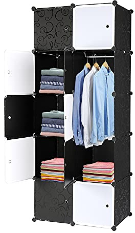 LEADZM Regalsystem, 10 Würfel, Kunststoff-Kleiderschrank mit Türen, Modulares Schranksystem zur platzsparenden Aufbewahrung, 70 x 45 x 175 cm, Schwarze und weiße
