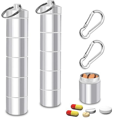 cersaty® 2 Stk Pillendose Schlüsselanhänger, 5 Teilbaren Fächer Pillendose mit 2 Stk Kürbisförmiger Karabiner für Medikamente,Pillen,Vitamine,Lebertran