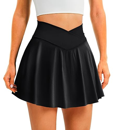 DLOODA Womens Tennis Skirt Crossover High Waisted Skort with Pockets Shorts