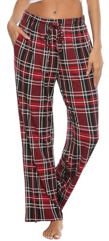 Lovasy Pyjamasbyxor för kvinnor supermjuka damrutiga pyjamasbyxor med fickor, A-vinröd, M