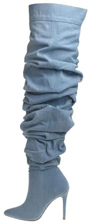THESHY Women's Slouchy Over The Knee Boots Denim Pointed Toe Stiletto Heel Thigh High Boots Pleated Tall Fashion Sexy Bootie
