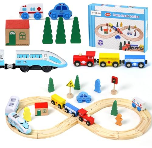 EVERGD Wooden Train Track Rail Set with Battery-Powered Train Powerful Engine Wooden Railway Playset Wooden Toys for Kids Ages 3+ Xmas Birthday Gift (33 Pcs)