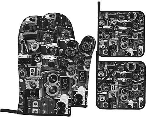 Ofenhandschuhe und Topflappen, Vintage-Kamera, hitzebeständig, für Grillen, Kochen, Mikrowelle, leicht zu reinigen, 4 Stück