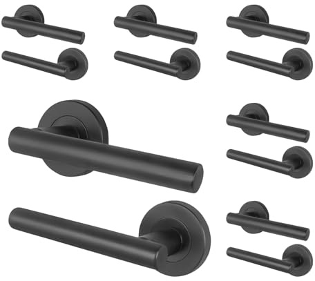 EAI Matt Black Door Handles, 6 Pairs T-Bar Lever on Rose - Oliena | 6 Pairs of T-Bar Lever on Rose Internal Door Handles, Fixings Included