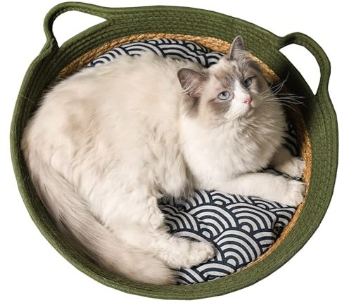 DOKLY Süßes Katzenbett,Geflochten Katzenkorb Haustier Katzenbett Haustierbett Katzenbettchen Katzenkörbchen Katzennest Katzenkorb Rund 50cm Modern Kratzbrett für Katzen SchlafplatzLiegeplatz Bettchen