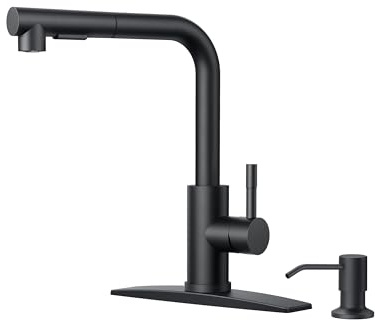 FORIOUS Black Kitchen Faucet with Soap Dispenser, Stainless Steel Sink Faucet with Pull Out Sprayer Modern Single Handle Suitable for Bar RV Farhouse Laundry Outdoor