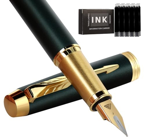Zalantan Luxury Fountain Pen - Fine Point Smooth Writing Pen with Gift Case, 10 Black Ink Cartridges and Ink Converter (Matte Green)