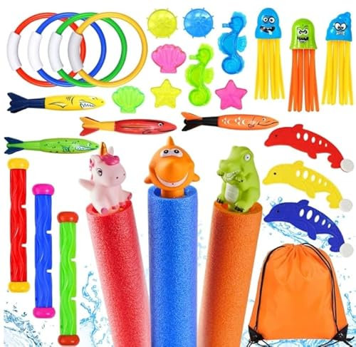 Lubibi 29pcs Juguetes de Buceo Conjunto para Niños,Juguete de Buceo, Anillos de Buceo,Torpedos Bandidos,pulpos de Cara Divertida,Pistolas de Agua,Juguete Aventura Subacuática para Verano Divertido