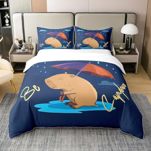100% Baumwolle Kinder Capybara Bettbezug 200x200 Lustige Braune Capybara Bettwäsche Set Regenbogen Regenschirm Bettbezug Regen Regenwasser Bettbezug für Teens Jungen Mädchen mit 2 Kissenbezüge