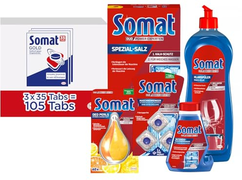 SOMAT Tabs 3x35(105) AW Gold, Geschirrspül Tabs für sauberes Geschirr, gegen Eingetrocknetes + Klarspüler + Intensiv-Maschinenreiniger + Spezial-Salz + Deo Perls + Maschinenreiniger