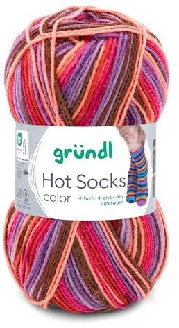 Gründl Hot Socks Color, Sockenwolle mit Farbverlauf rot koralle beere lila, Strumpfwolle 4-fach, 4-fädig, Sockengarn, 50g | 75% Wolle, 25% Polyamid (401)