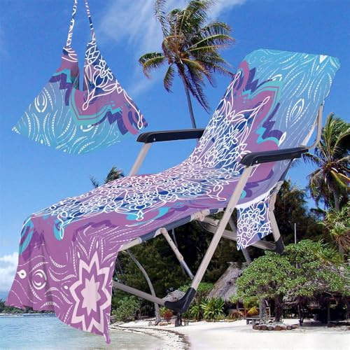 Treer Beach Chair Cover Towel, Mandala Style Beach Towel, Portable Beach Sunbed Towels, Sun Lounger Towels with Pockets, Microfiber Towel for Beach Garden Vacation (Purple,75x210cm)